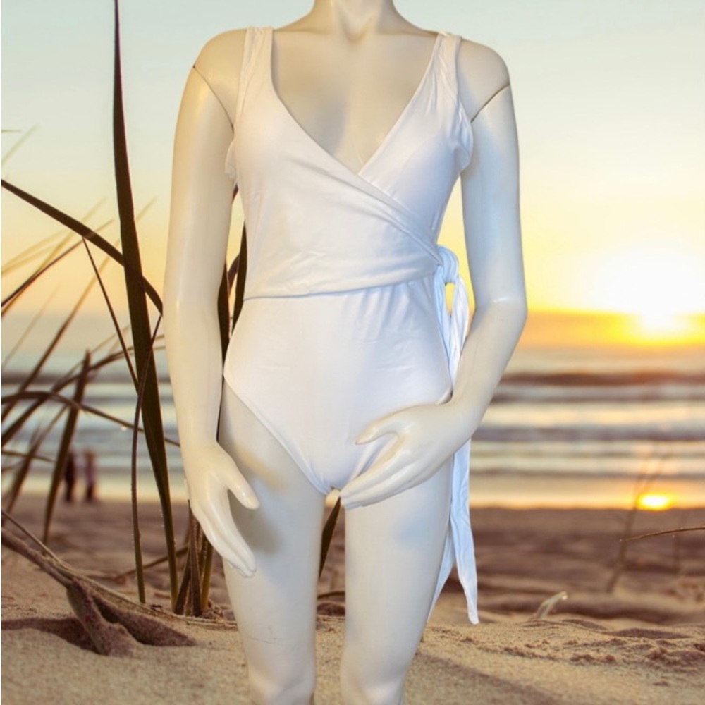 Wrap around white swimsuit.